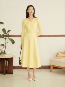 French Elegance Pleated Waist V-neck Wool Blend Dress