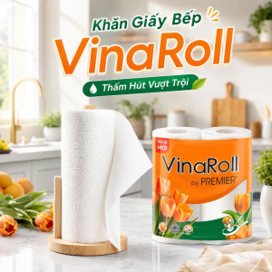 [COMBO 3 LỐC] Khăn giấy bếp PREMIER VinaRoll 2 lớp – 100% bột giấy nguyên sinh không chất tẩy 2 cuộn/lốc – Chính hãng