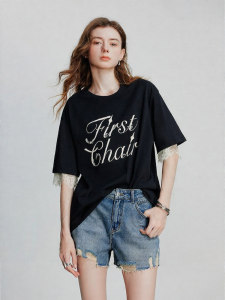 Toyouth | Áo Thun Cotton Dài Tay Rộng Lỏng với Chữ 3D và Ren