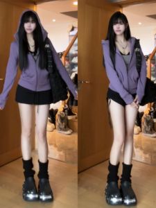 Unique Zipper Hoodie Sportswear Korean Style Short Coat for Small Figures Fashionable Commute Windbreaker Womens Jacket