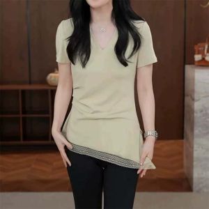V-neck Short Sleeve Mesh Hem Waist-cinching Slimming T-shirt