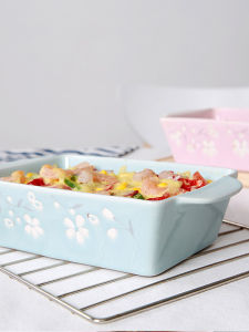 Yuzhu Ceramic Baking Dish Rectangular Double Ear Rice Casserole Microwave Oven Safe Baking Tray Japanese Style Kitchen Utensil