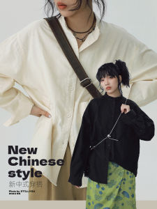 STILLYOU Chinese Style Casual Loose Fit Long Sleeve Cotton Linen Shirt Men Women Small Stand Collar Shirt with Big Pockets