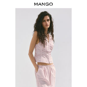 Mango | Bộ Áo Blouse Carô Cổ V Không T Tay Nếp Ly Tại eo
