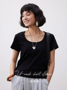 Slimming Effect Long Staple Cotton Short Sleeve Square Collar T-Shirt Women Summer Solid Color Versatile Straight Cut Top