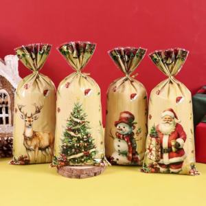Túi Quà Giáng Sinh Cổ Điển 25/50 Cái Kèm Dây Buộc Họa Tiết Ông Già Noel & Cây Thông Noel Chất Liệu Nhựa Gấp Gọn Dùng Cho Các Dịp Lễ Hội