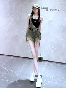 Retro Korean Style Denim Overalls Womens Summer Miniature Cool Sweet High Waist Slimming Wide Leg Short Pants