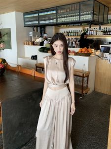 GUZILIAN | Luxurious French Style Tie Back Sleeveless Vest Top Womens Outerwear Two-Piece Set Casual High Waist Draped Straight Leg Pants