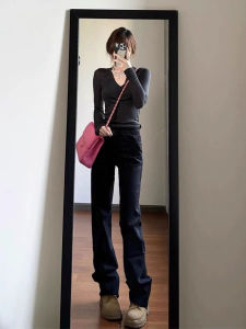 กางเกงยีนส์ทรงตรงเอวสูง ทรงหลวม ทรงสลิมฟิต กางเกงขายาวทรงขากว้างสำหรับผู้หญิง ทรงเข้ารูป ทรงลำลอง สีเข้ม