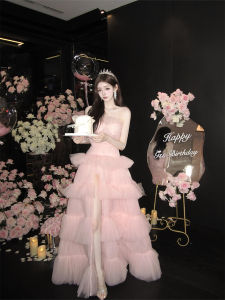 Tube Top Dress Womens Fancy Pink Adult Ceremony Cake Dress Super Fairy Princess Pettiskirt Trailing Birthday Dress