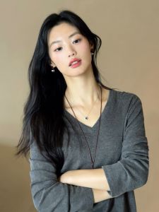 Pusumede Grey Long Sleeve Knitted Fleece V-Neck T-Shirt Womens Spring Autumn Loose Casual Top Polyester Viscose Blend