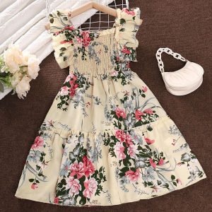 Summer Girls Long Skirt Polyester Square Collar Suspender Sleeveless Lace Play Smocking A-line Print Dress Pleated Comfortable