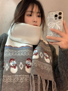 Cute Snowman Grey Knitted Scarf Womens Winter Christmas Korean Style Warm Versatile Student Neck Protection Scarf