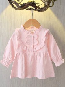 Girls Long Sleeve Shirt Spring Autumn Pure Color Bow Tie Thin Baby Pullover Cotton Bubble Sleeve Soft Fabric Four Seasons Universal
