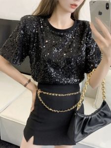 Black Shiny Sequin Womens Short Sleeve T-shirt Fashionable Korean Style Loose Fit Summer Top Bright Sparkling Creative Design