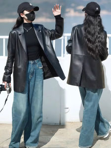 เสื้อแจ็คเก็ตหนัง PU สีดำ ทรงหลวม สำหรับผู้หญิง ทรงสูท ทรงสตรีทสไตล์ฮ่องกง ฤดูใบไม้ผลิและฤดูใบไม้ร่วง 2025