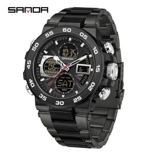 SANDA New Fashion Sports Mens Watch Dual Display Multi Functional Chronograph Alarm clock Waterproof Mens Electronic Watch