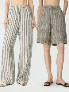Loose Straight Leg Pants Short Shorts in Tka Weave Striped Relaxing Lazy Minimalist Style Cotton Linen Summer Fashion
