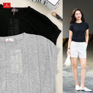 Áo thun nữ CARDINA dệt cotton tay liền họa tiết lượn sóng dễ phối đồ 5ALC06