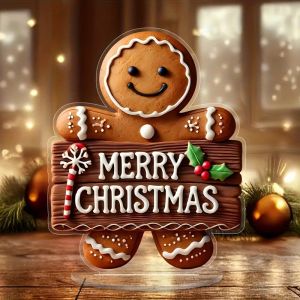 1Pc Merry Christmas Gingerbread Man Acrylic Light Catching Ornament - Holiday Desktop Display Card with Stand Suitable for Home and Office Holiday Decoration