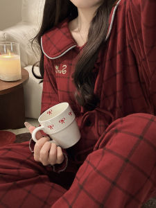 Cute Sweet Japanese Style Plaid Doll Collar Womens Sleepwear Set Autumn Winter Home Clothes Long Sleeve Long Pants Velvet