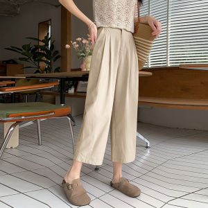 กางเกงขายาวทรงหลวมสไตล์เกาหลีสำหรับผู้หญิงในช่วงฤดูร้อน กางเกงขายาวทรงขากระบอกบาง กางเกงขายาวทรงหลวมเอวสูง ผ้าฝ้ายผสม