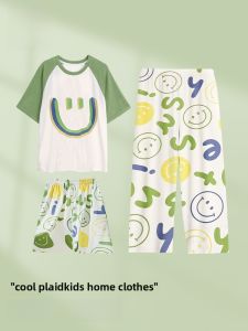 Miiow | Catman Childrens Summer Sleepwear Short Sleeve Thin Three-piece Set Cute Pattern Boys Home Clothes 2025 New Style Kids Pyjamas