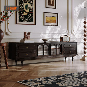 Luxurious American Style Cherry Wood TV Cabinet Black Walnut Color Living Room Furniture Combination with Tea Table