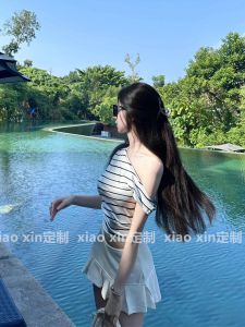 Sweet And Spicy Shoulder Bared Stripe Asymmetrical Short Sleeve Womens Slim Fit Pleated T Shirt Chinese Brandless Summer Top