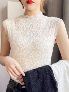 Womens Lace Vest Sleeveless Stand Collar Slim Fit Inner Wear Top plus Size Trendy Outerwear Base Shirt Spring Summer