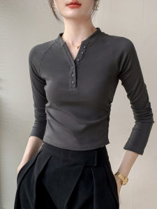 GEBEISHANG | Half-Open Collar Long Sleeve Slim Fit T-shirt