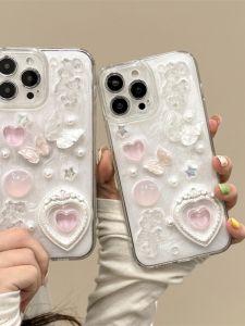 Cute Pink Heart Frame Phone Case for   15 pro Max Full Lens Protection Girl Style Protective Cover Butterfly Trend Brand
