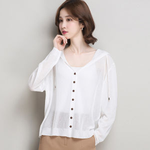 Women Summer Knitted Cardigan Jacket Hooded Top Ice Silk Sweater Thin Loose Plus Size Sunscreen Coat