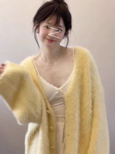 Warm Yellow V-Neck Knit Sweater Cardigan for Women Loose Fit Long Sleeves Autumn Winter Fashion Outerwear