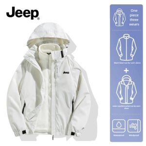 Jeep Womens 3-in-1 Waterproof Hiking Jacket Female 3-in-1 Detachable Plus Velvet Thick Outdoor Coat