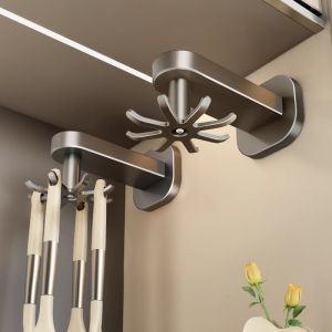 Kitchen Rotating Storage Rack Stick-On Wall Mounted Spoon Holder Pot Lid Bracket Tool Organizer No Drilling Required