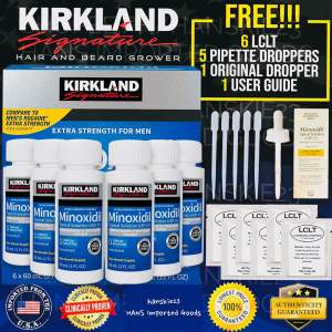 1 SEALED Box 6 Bottles Original Kirkland Minoxidil w/ LCLT and 6 Droppers Hair Beard Eyebrows Hairline Scalp Strand Grower For Men and Women USFDA Approved