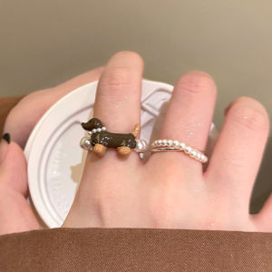 Cute Dachshund Dog Pearl Ring Womens Open Unique Personality Ring 2025 New Design Sense Index Ring Fashion Jewelry Accessory