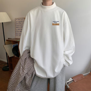 K-style Loose Autumn and Winter Double-Sided Dralon Half Turtleneck Bottoming Shirt Men Ins Trendy Inner Wear White Long Sleeve T-shirt