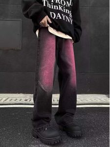 Graduated Washed Black Pink Denim Jeans Mens American Retro High Street Hiphop Trendy Straight Loose Flared Pants