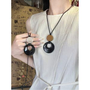 Natural Black Agate Long Pendant Necklace Womens New Chinese Style Daily High-End Sweater Chain Hanging Rope Accessory