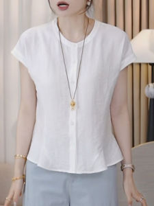 Shalldoer | French Elegant Short Sleeve Blouse Womens Summer New Unique Design Sensation Puff Sleeve Top Casual Style Round Neck Thin Model