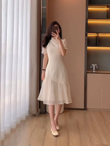 新中式旗袍改良复古风连衣裙女拼接设计气质显瘦中长款 New Chinese Style Cheongsam Dress Women Mandarin Collar