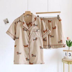 New 2026 Pajamas For Women Men Couple Cotton Dachshund Print Lounge Sleepwear Short Sleeve Shorts Loose Pajama Set Sausage 51090