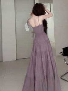 QFN | Elegant Summer French Tea Dress Purple Strap 1pcs