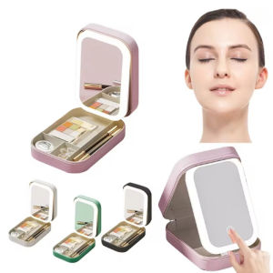 Makeup Storage Box With Led Light Mirror Portable Travel Makeup Cosmetics Jewelry Storage Box Touch Light Storage Organizer