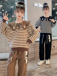 Girls Casual Loose Sweatshirt Set Spring Autumn Two-Piece Suit Childrens Sportswear Comfortable Cotton Polyester Blend