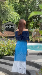 (ร้านค้าส่งไว) เดรสปาดไหล่ ชุดเดรสไปทะเล มัดย้อมคราม ผ้าสปัน ผ้าพริ้ว