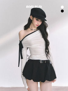 SHAOYEYAN | Áo Thun Tay Dài Kiểu Mỹ Sweet Desire Vortex Cổ Xéo