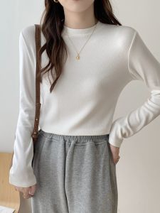 Slim Fit Long Sleeve Fleece Lined Stand Collar Base Shirt Womens T-Shirt Korean Style Commute Fashion Spring Autumn Winter